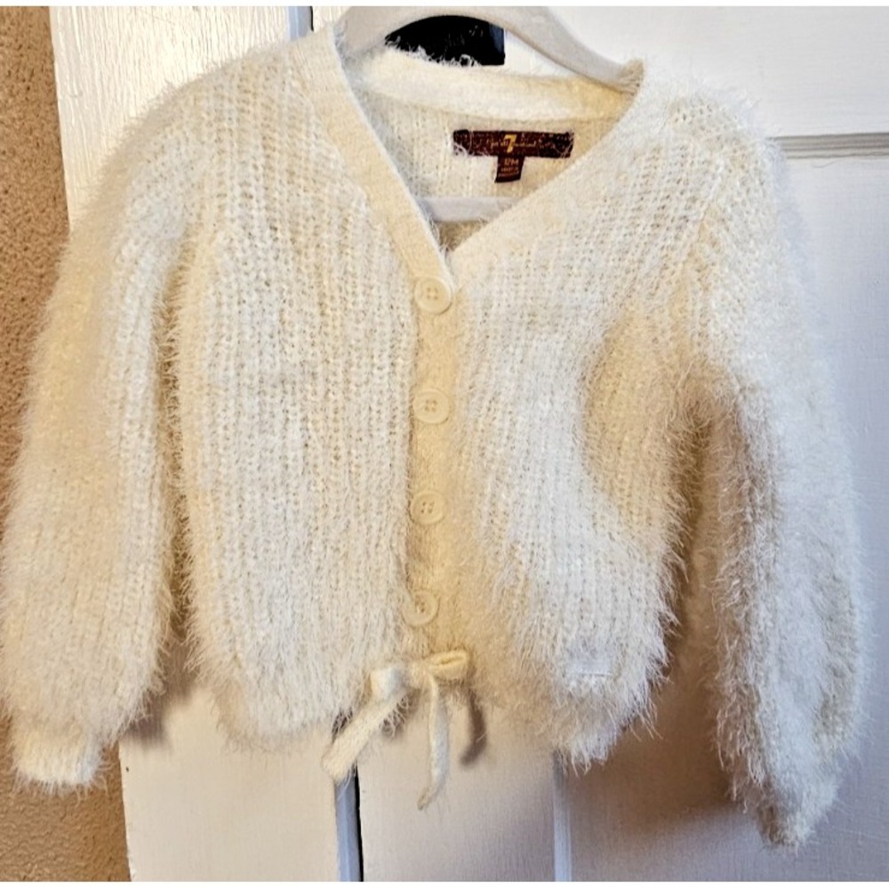7 FOR ALL MANKIND Baby Girl Super Soft cream Sweater Faux Cardigan Bow 12 months